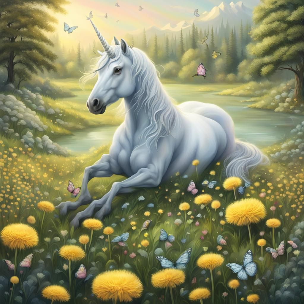 Unicorn Resting in Dandelion Meadow