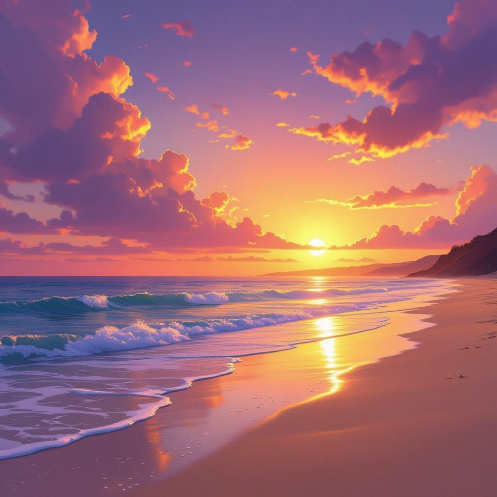 Magical Sunset Beach Scene in Golden Hour Light