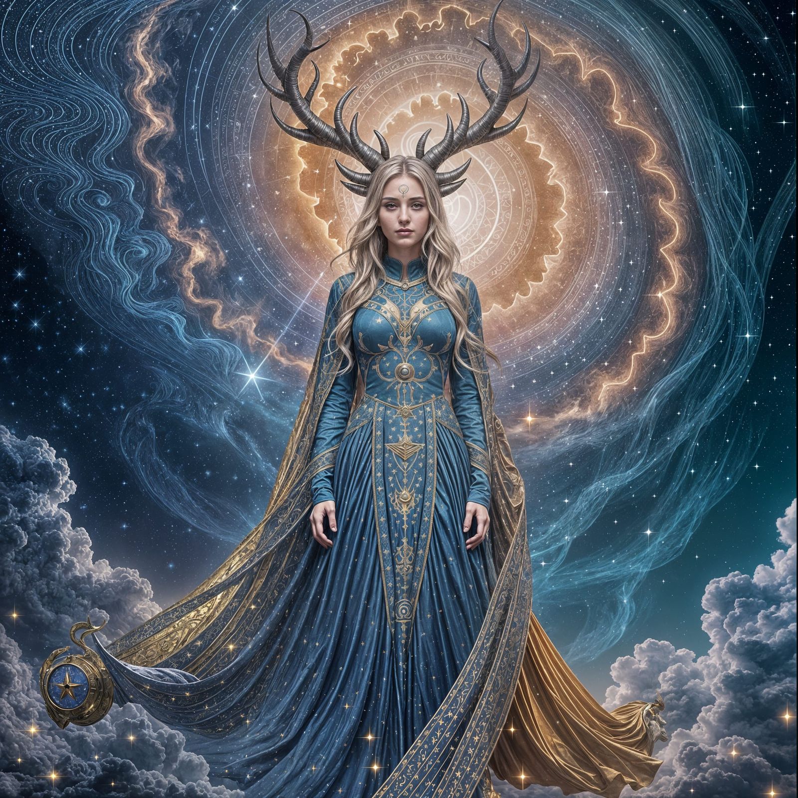 Capricorn Goddess with Antlers and Galaxy Background