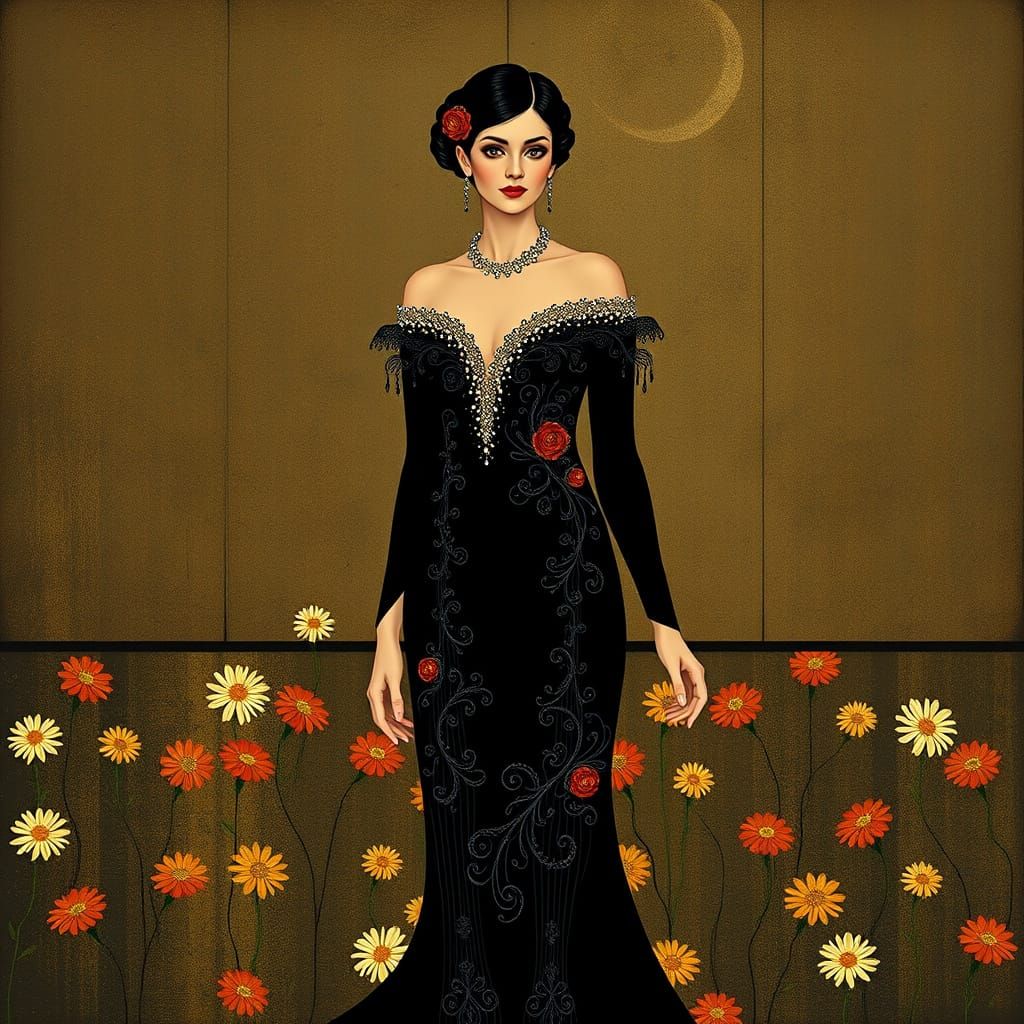Elegant Woman in Black and Purple Gown, Art Nouveau Style