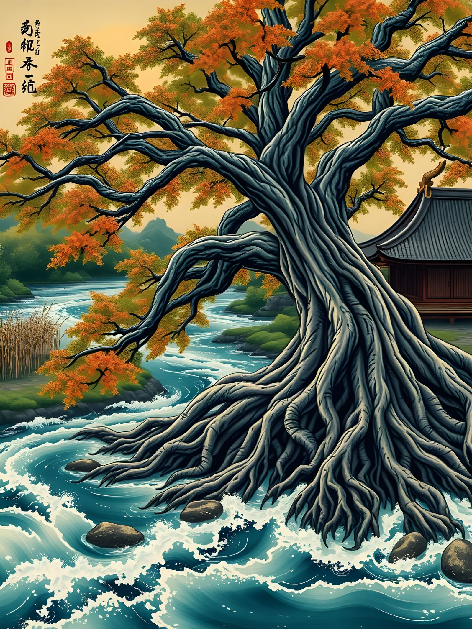 Ancient Japanese Ink Scroll: Oak Tree by River at Sunset