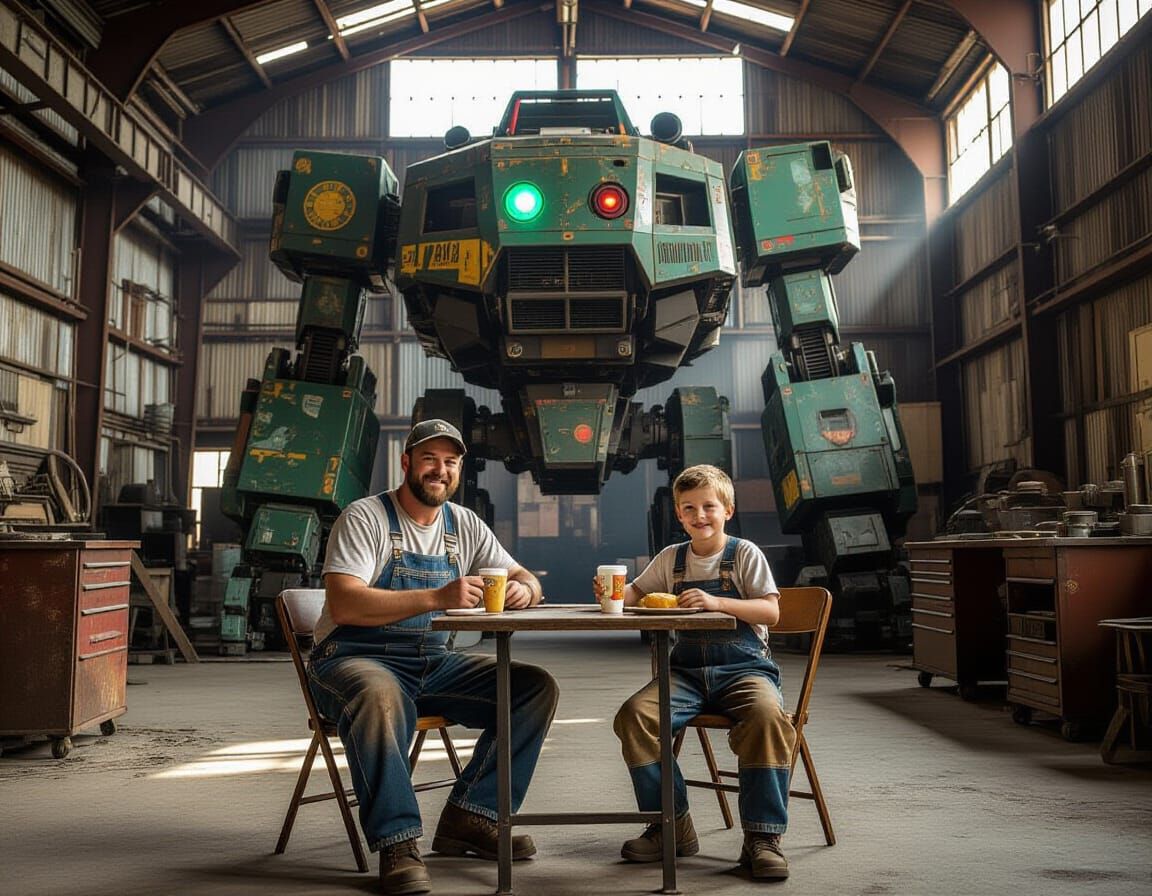 Father and Child Lunch Break with Giant Mech in Hangar