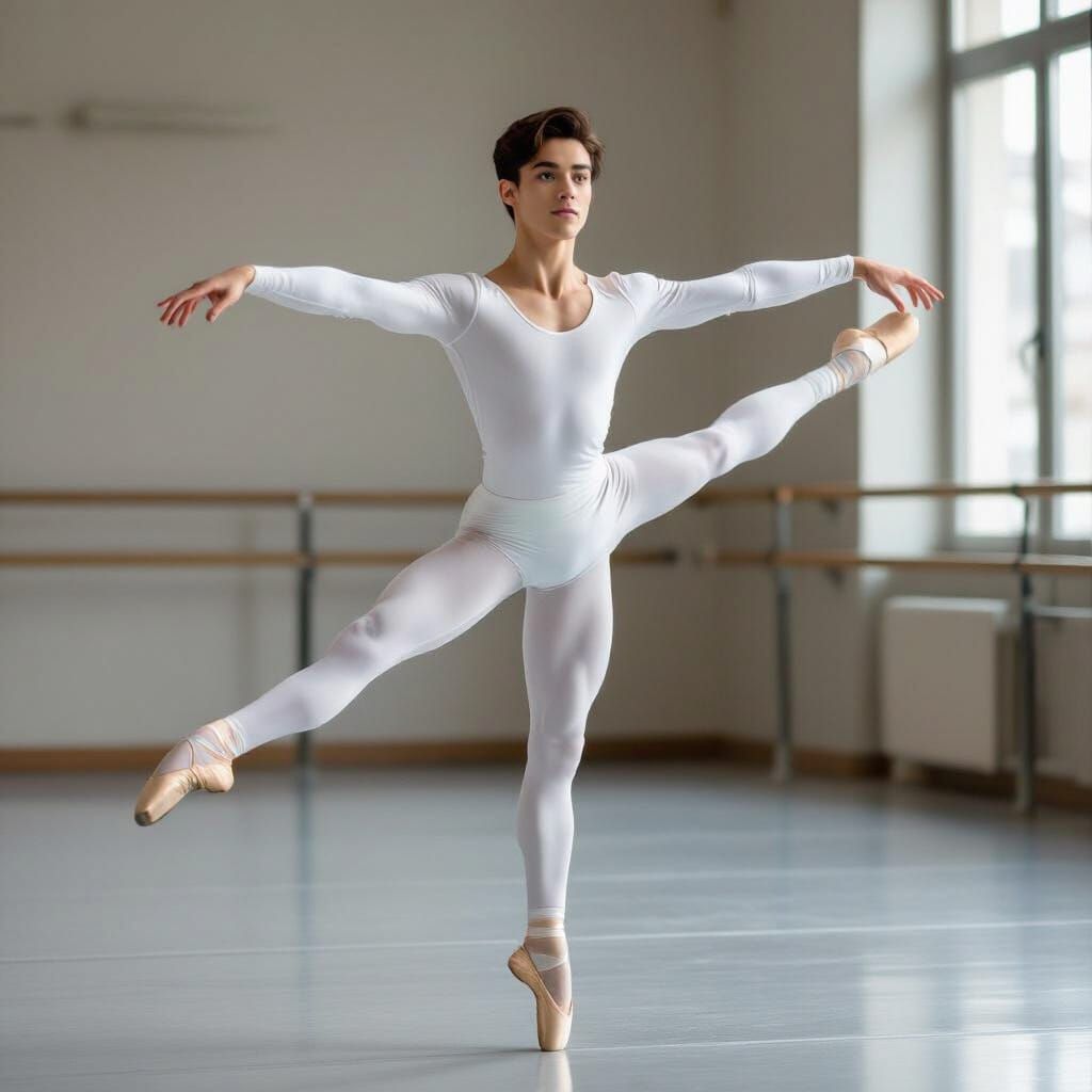 Male Ballet Dancer Executes Perfect Arabesque in Classical S...