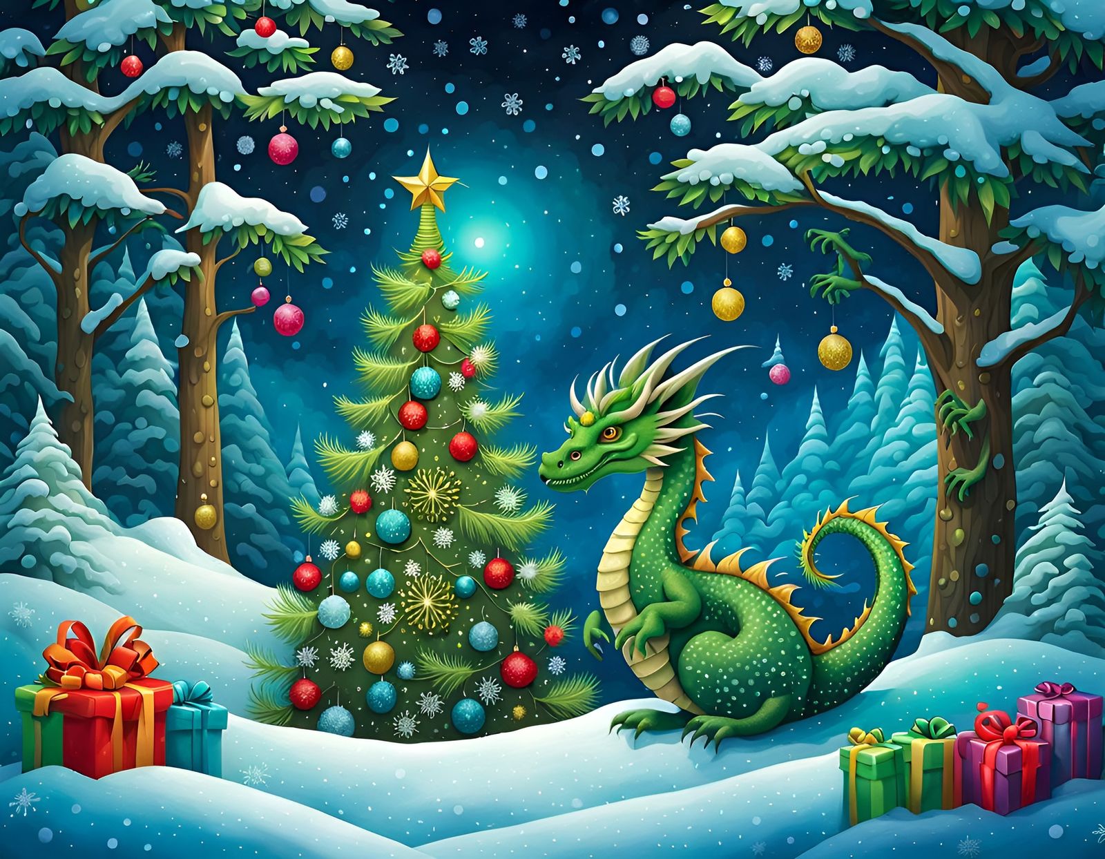 Green Dragon Celebrates New Year in Fairytale Snowscape