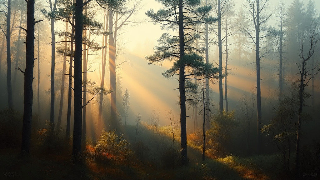 Misty Forest Dawn Landscape as Oil Painting