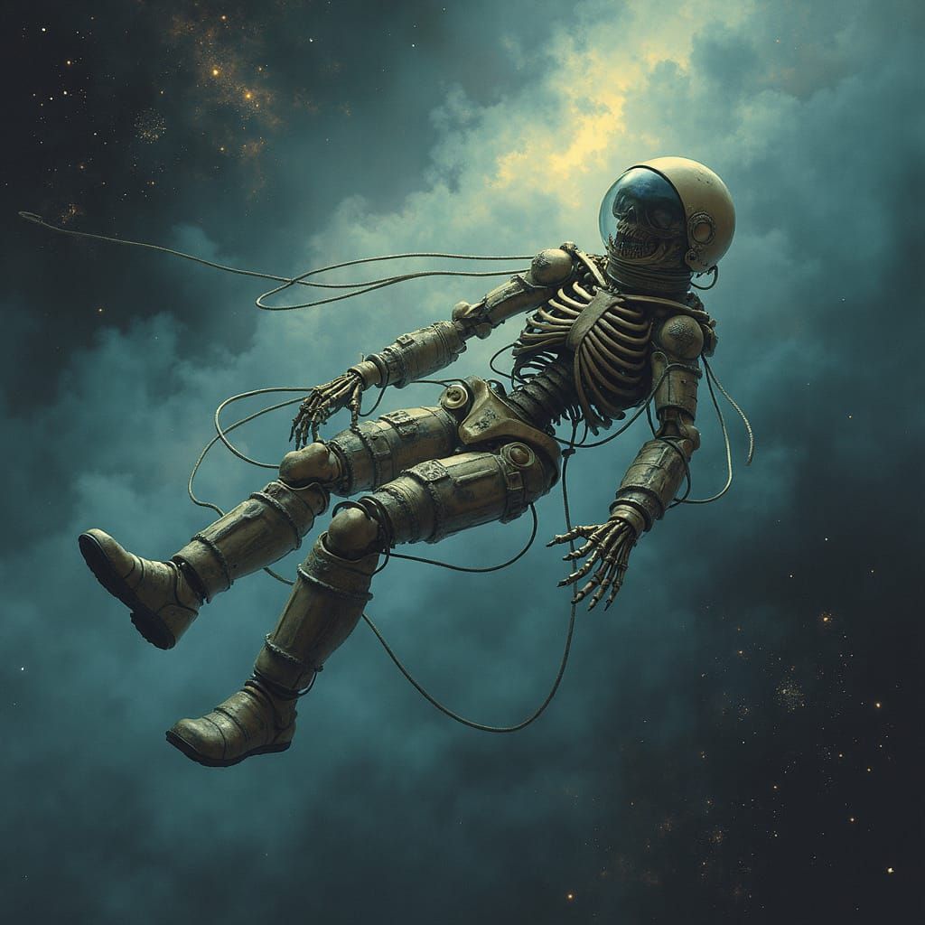 Skeletal Astronaut in Space, a Surrealist Vision