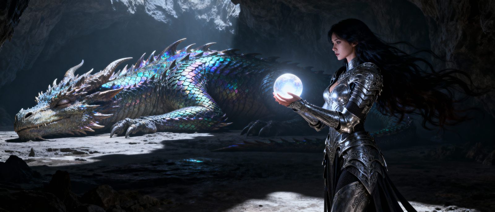 Woman Awakens Colossal Dragon in Ethereal Lair