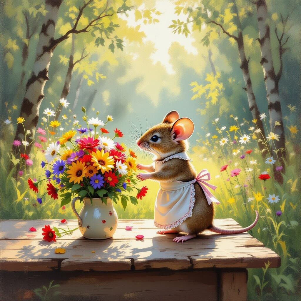 Mouse Arranges Wildflowers in Sunlit Forest Clearing