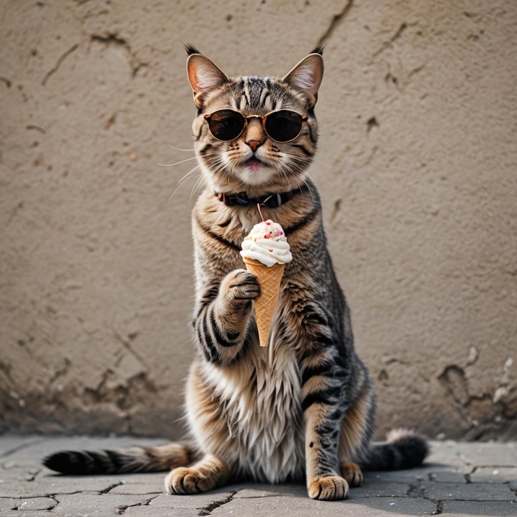 Cat with Sunglasses Enjoys Ice Cream