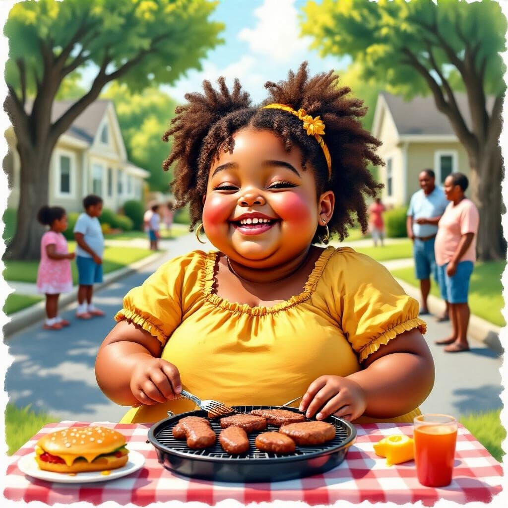 Black Girl Beaming at Community BBQ in Oil Gouache Style