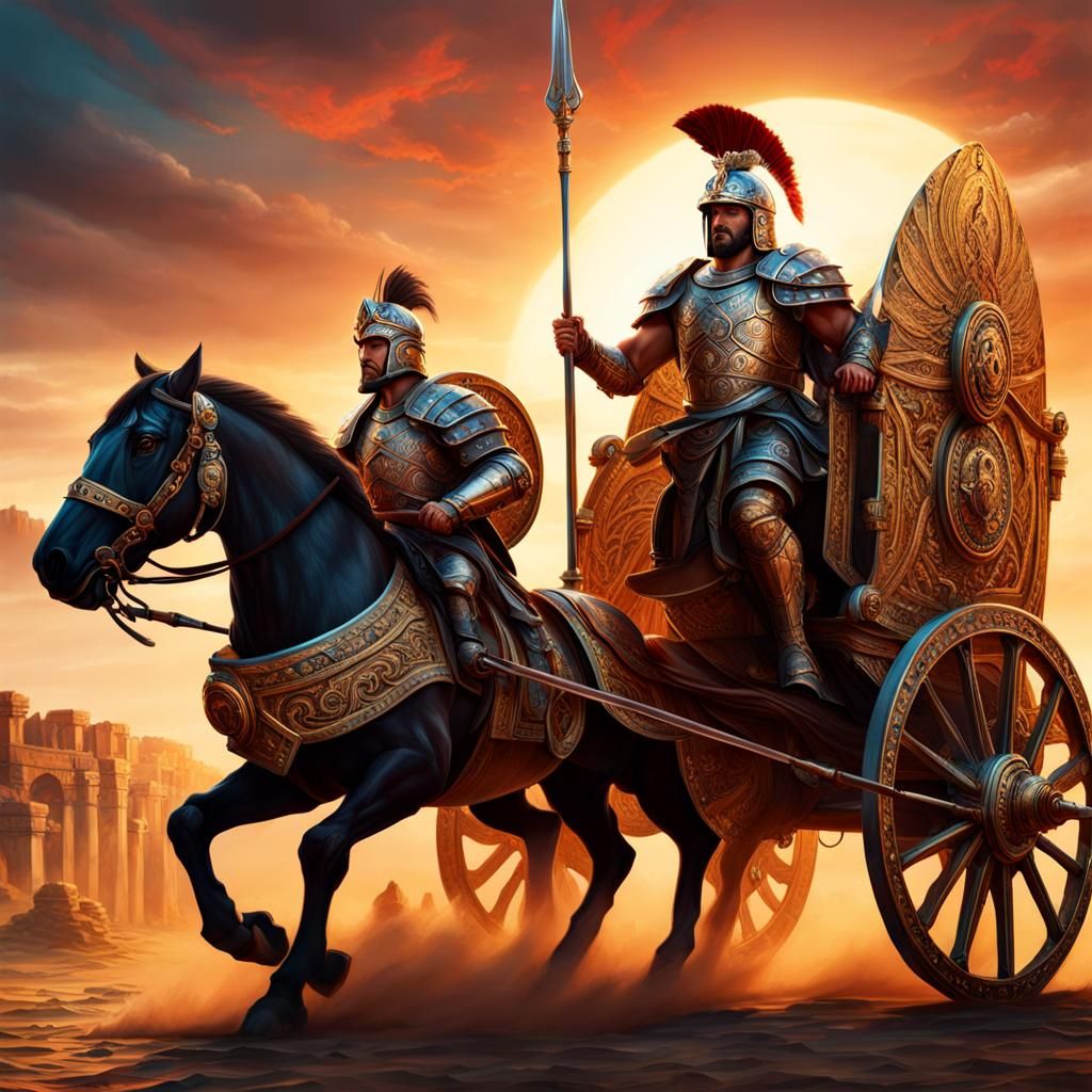 Armored Warrior in Roman Chariot: Hyperrealistic Concept Art