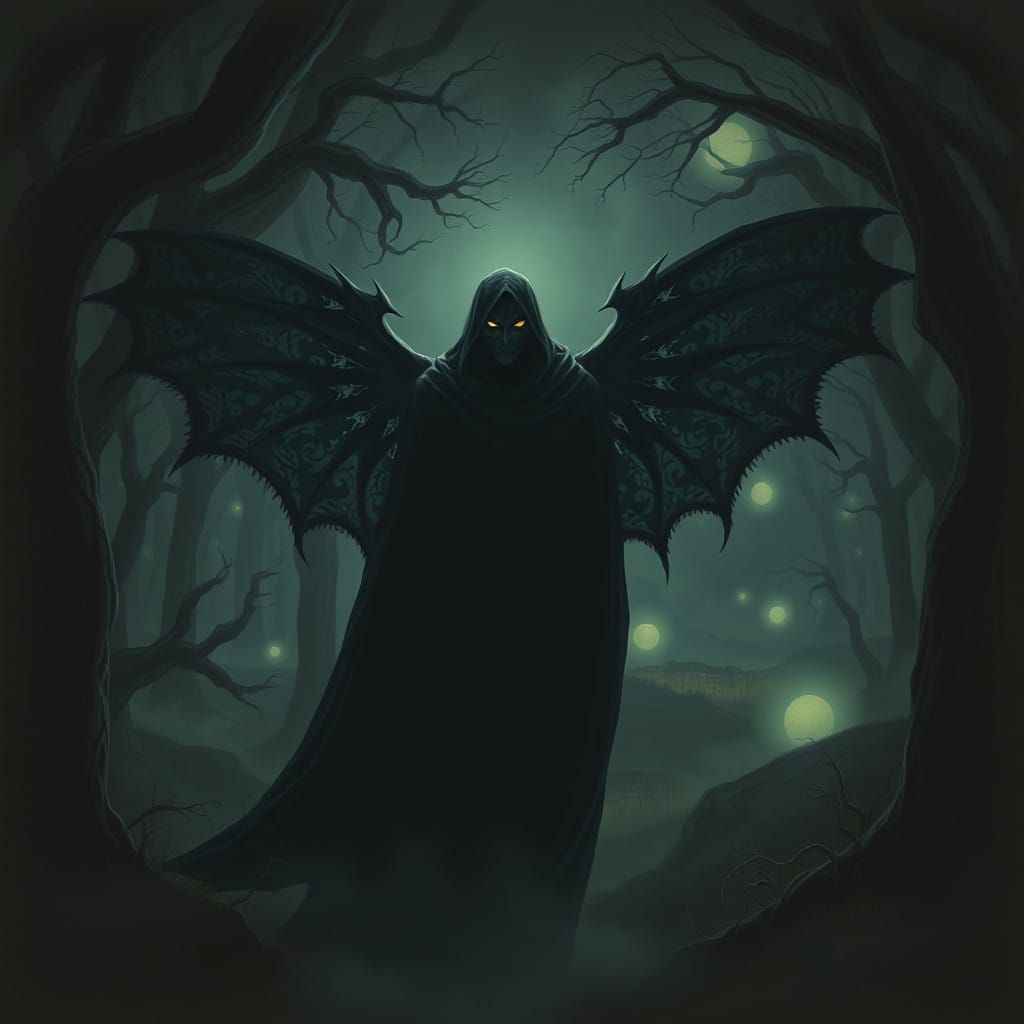 Mysterious Figure Emerges from Dark Mystical Forest