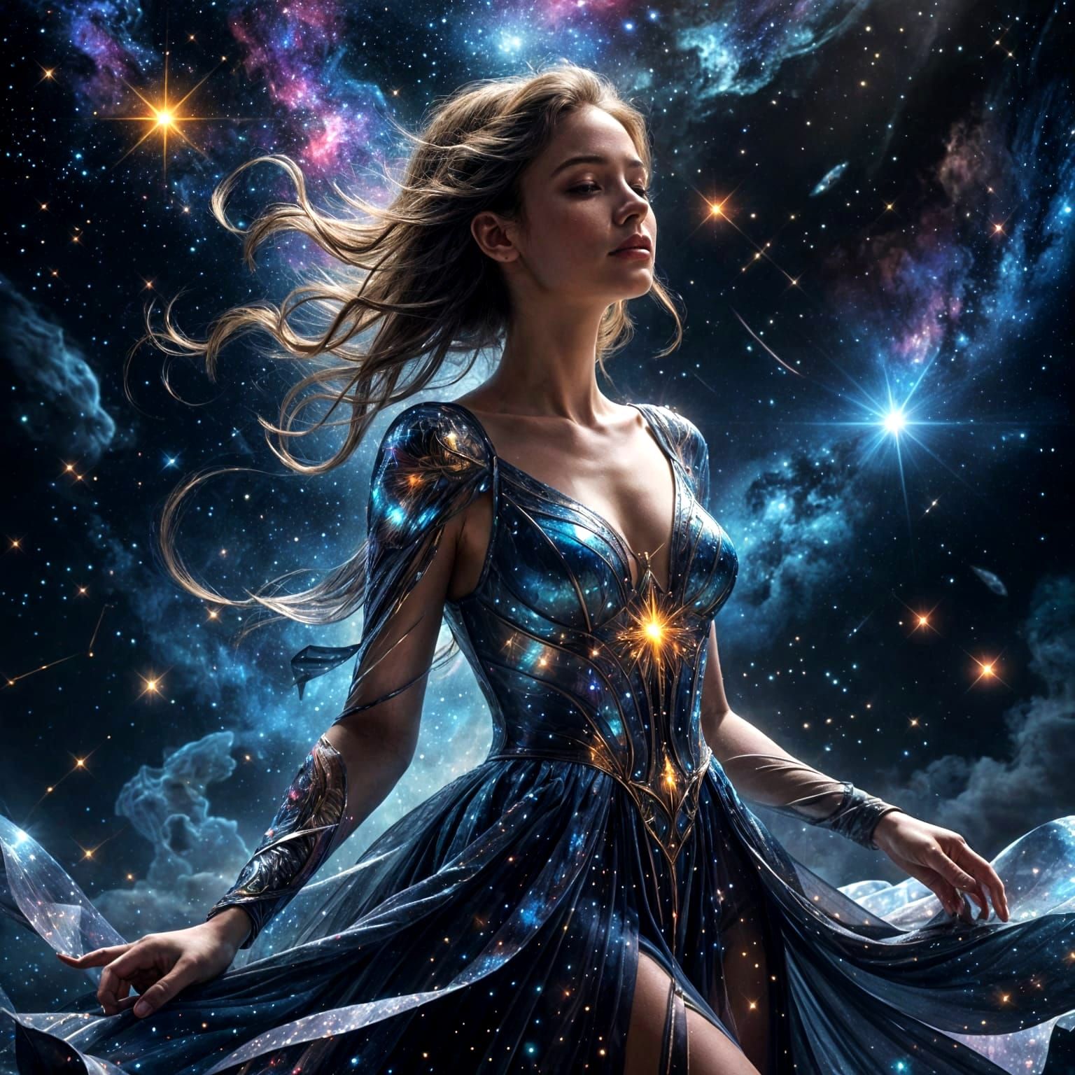 Ethereal Woman in Stained Glass Dress in Cosmic Space