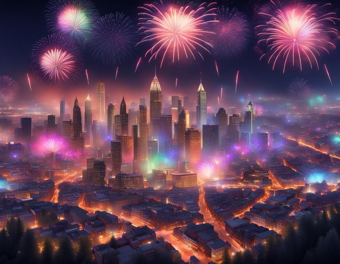 Colorful City Lights and Fireworks Display