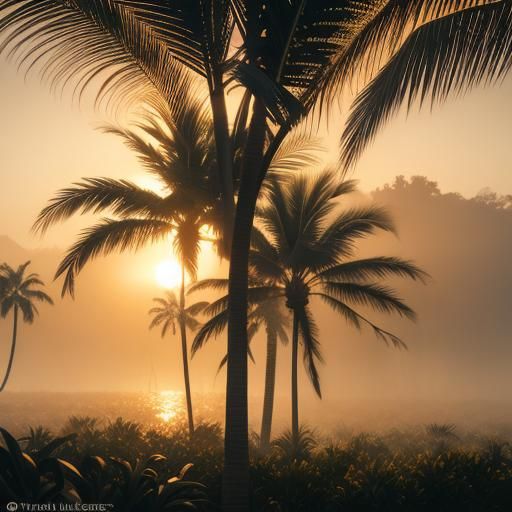Palm Trees in Misty Tropical Forest at Sunset