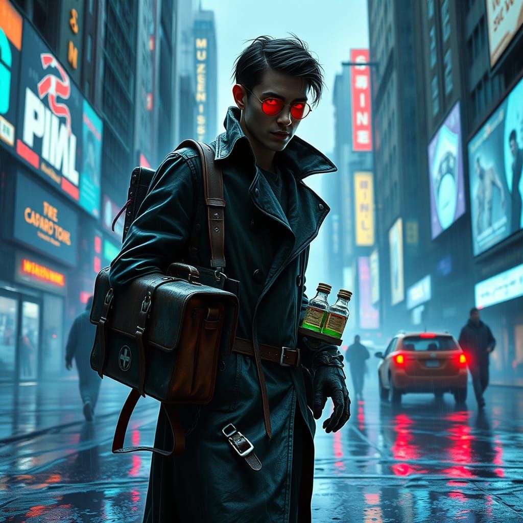 Cyberpunk Medic Navigates Dystopian Cityscape