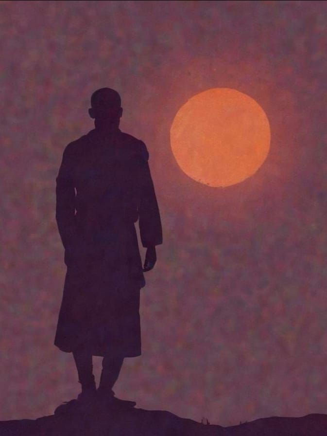 Psychedelic Monk Silhouette Against Aura Sunset