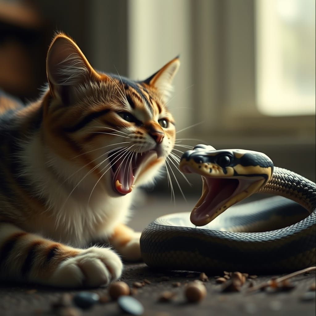 Dramatic Cat and Snake Hissing: Cinematic Film Still