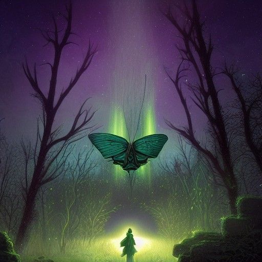 Bioluminescent Butterflies in Fantasy Meadow, Cel-Shaded Sty...