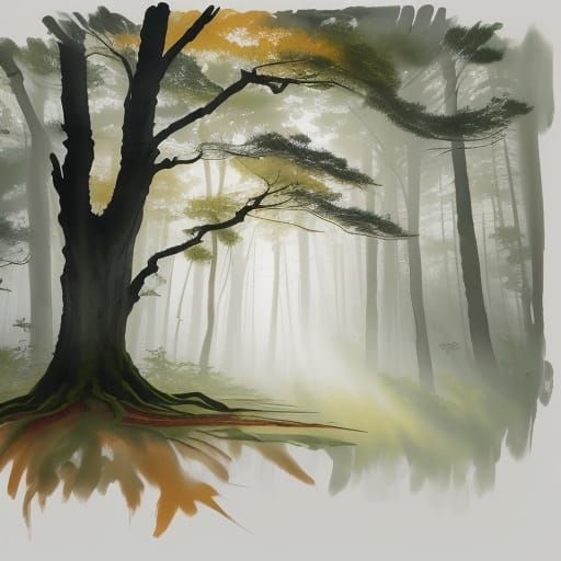 Sunlit Forest in Japanese Ink Style