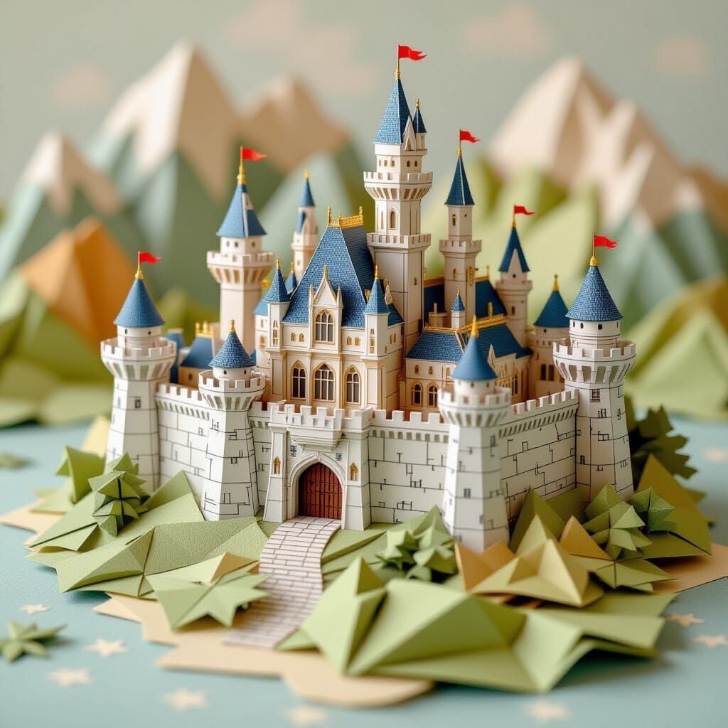 Origami Castle Landscapes from Crumpled Paper