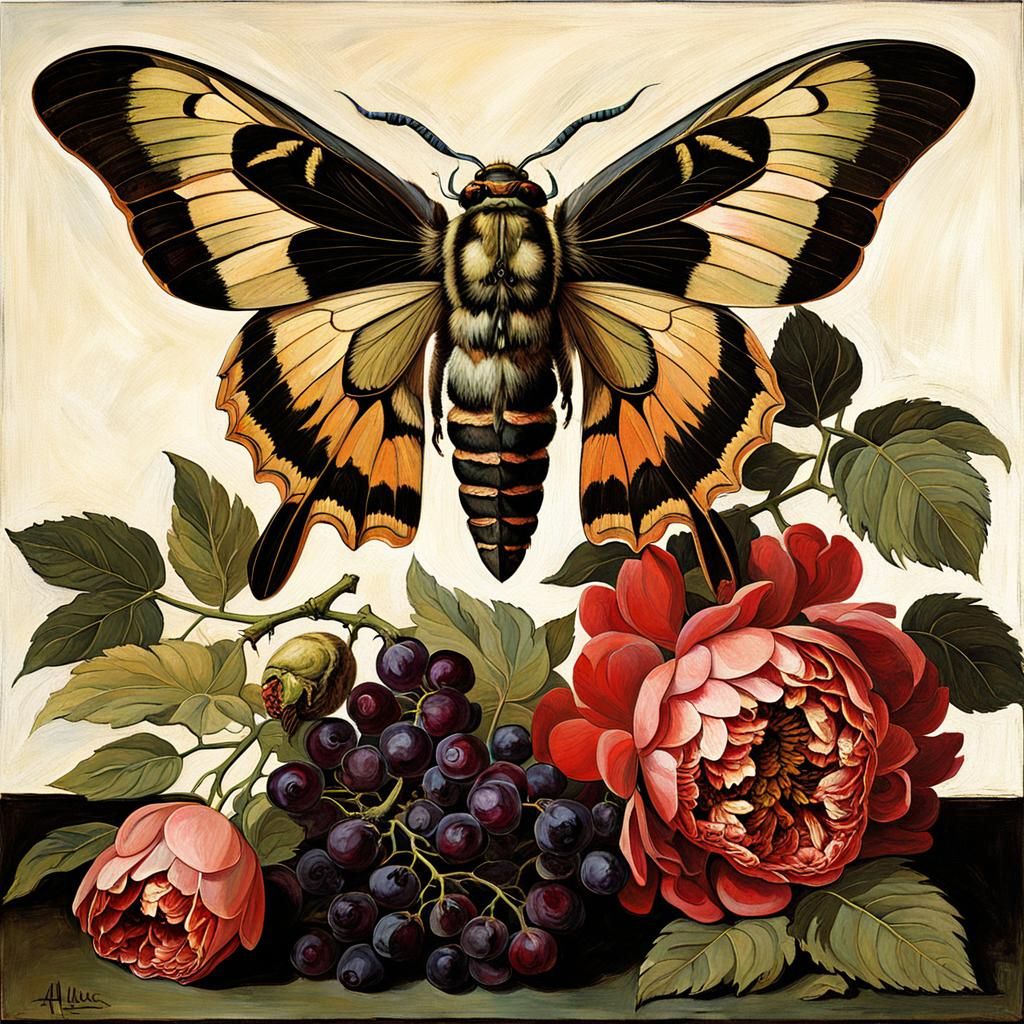 Baroque Still Life with Moth and Flowers, Art Nouveau Style