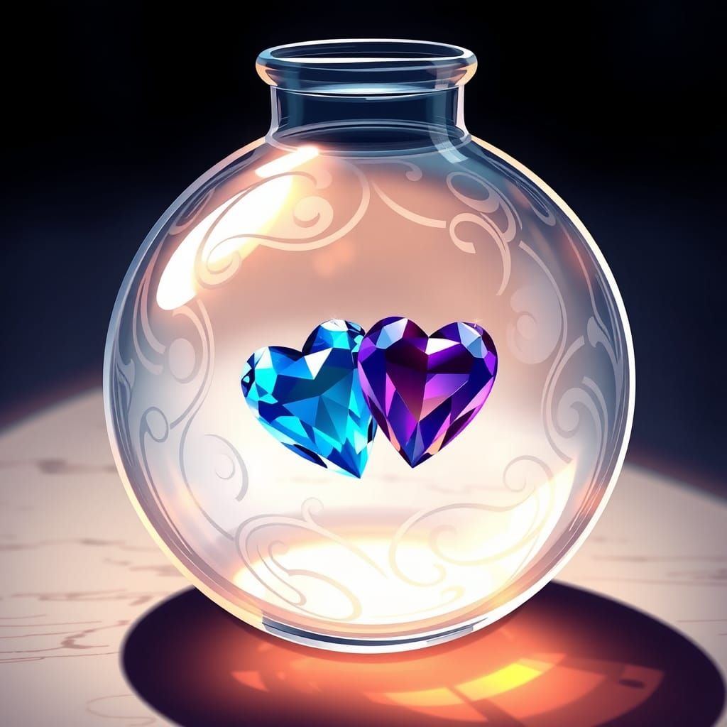 A clear glass vial with mini sapphire and topaz hearts