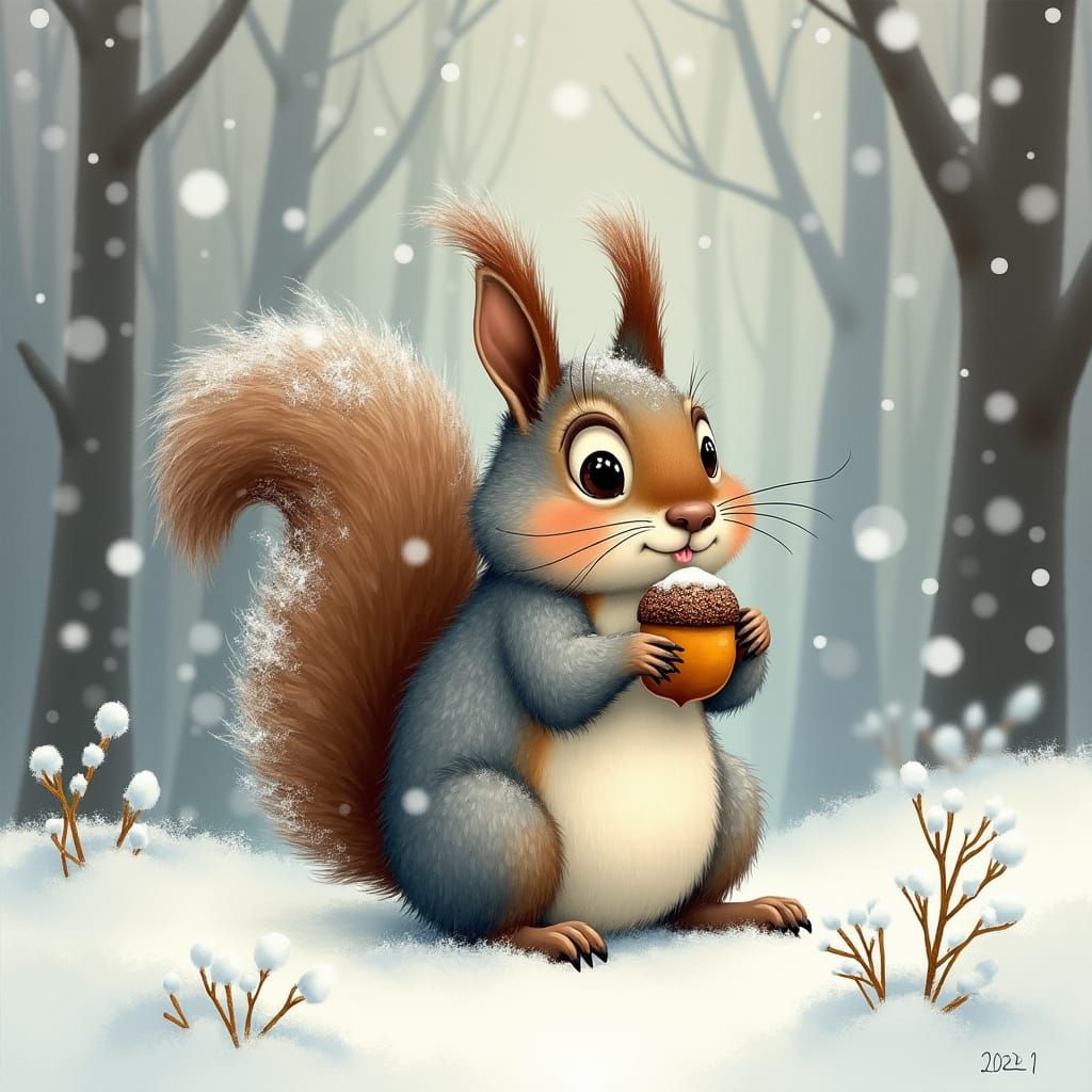 Whimsical Squirrel with Acorn in Snowy Forest