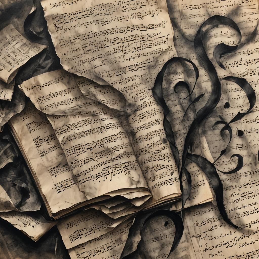 Dramatic Charcoal Drawing on Vintage Music Paper