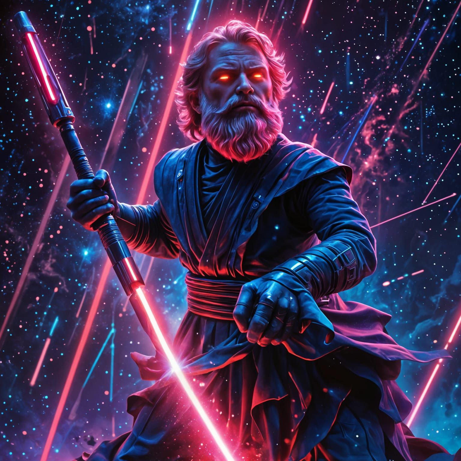Heroic Jedi with Lightsaber in 80s Sci-Fi Style