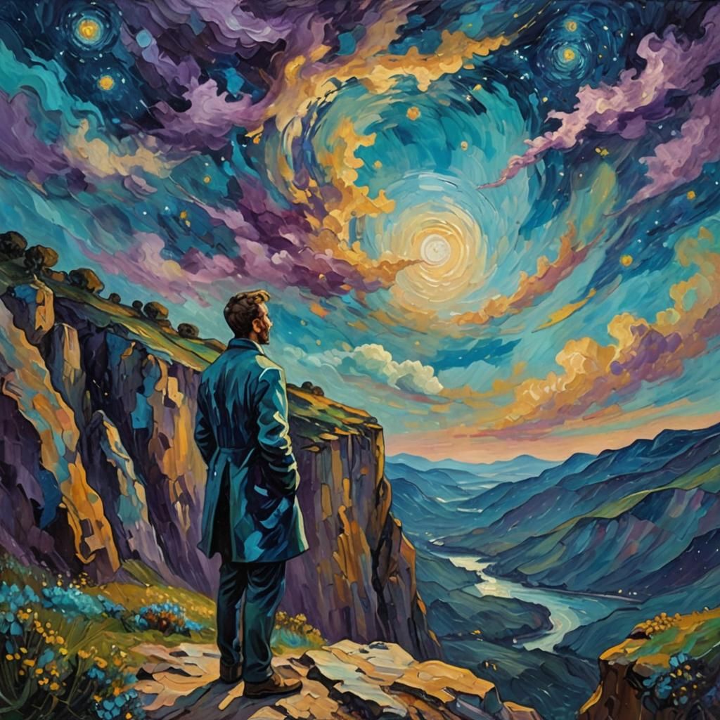 Man Gazing at Cosmos in Expressionist Oil Painting