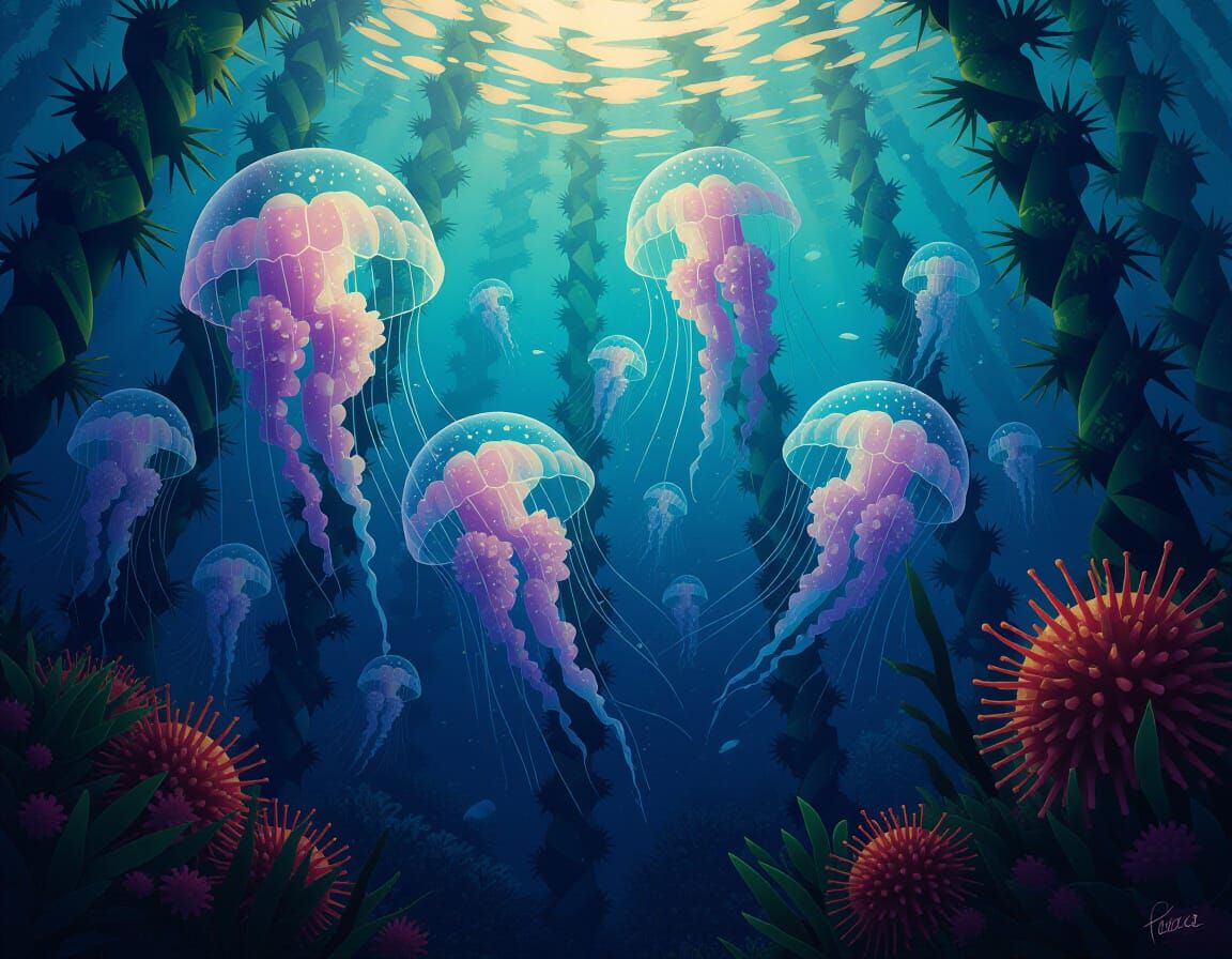Bioluminescent Jellyfish in a Thorny Kelp Forest