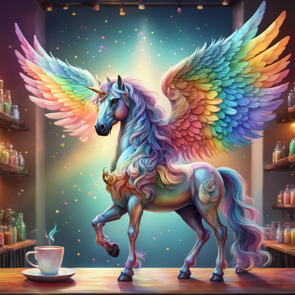 Rainbow Pegasus in Coffee Shop: Fantasy Oil Painting
