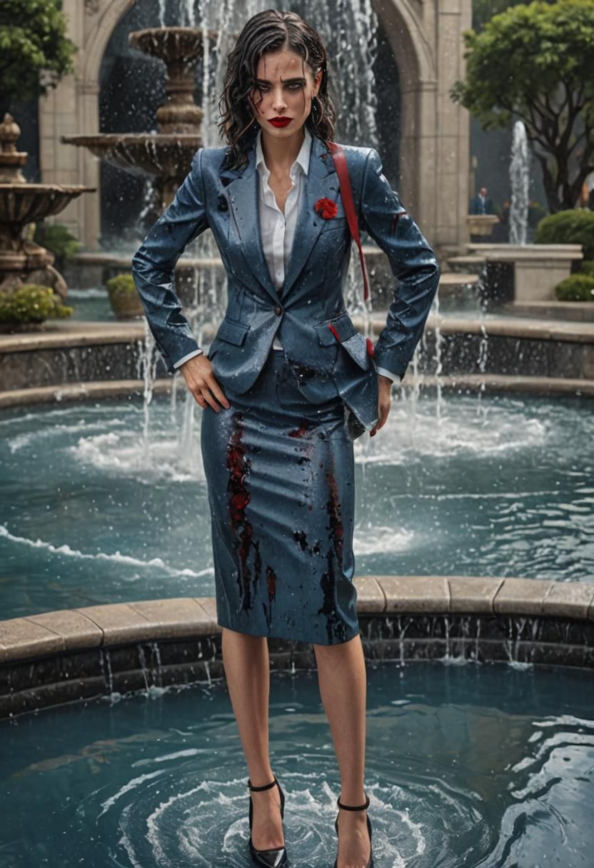 Glamorous Woman in Fountain: Detailed Matte Painting