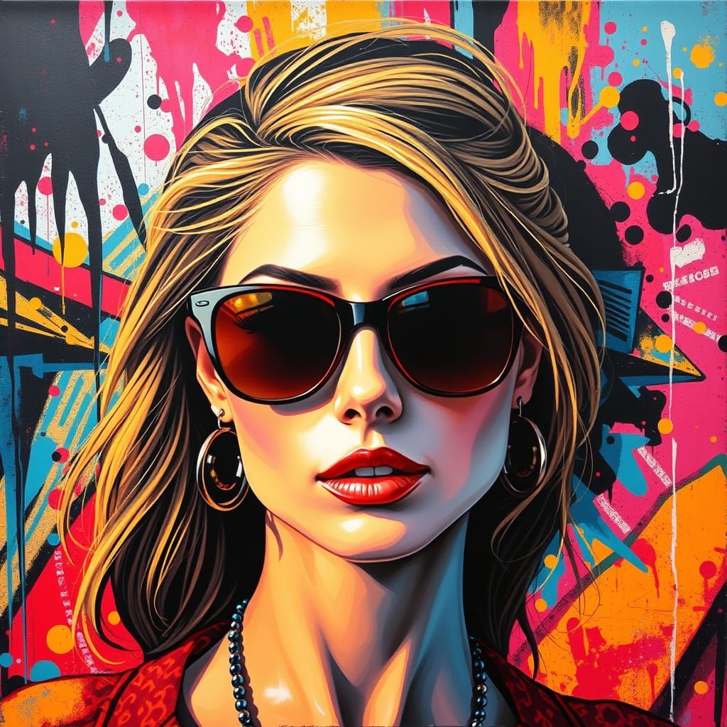 Vibrant Street Art Goddess with Melting Graffiti Sunglasses