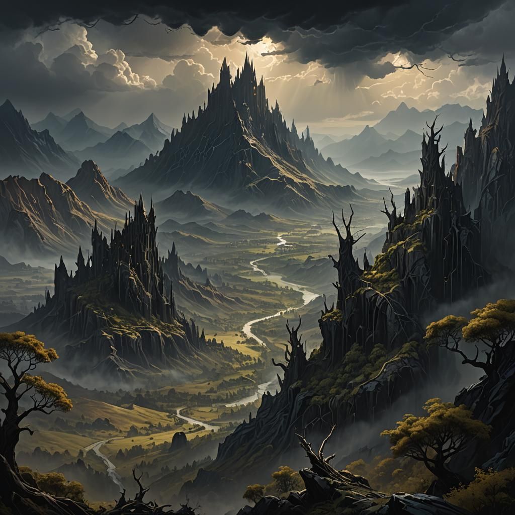 Mysterious Dark Realm Landscape in Oil Painting Style