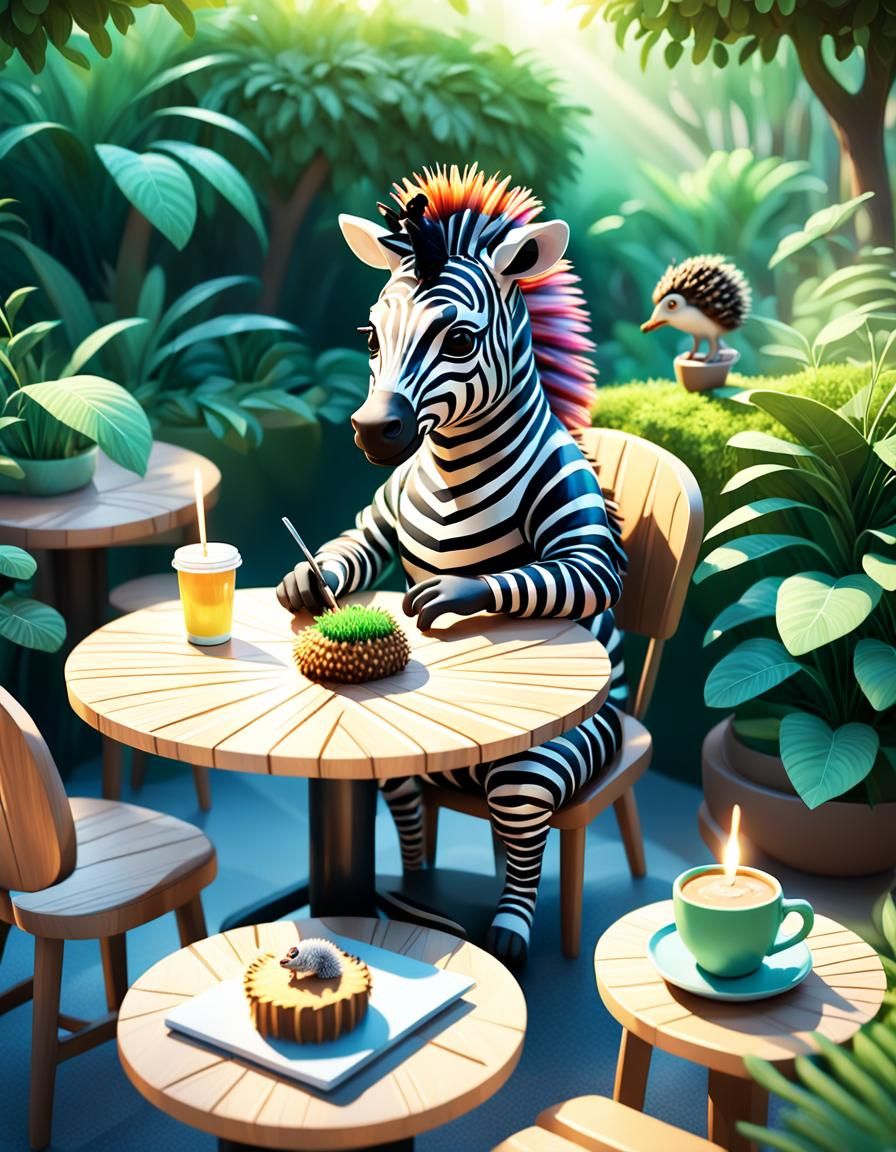 An anthropomorphic zebra and Hedgehog hybrid sitting in an o...