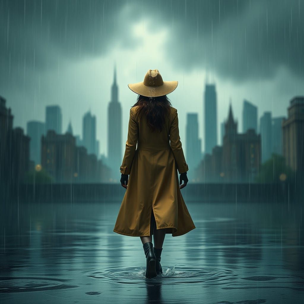 Woman Walks in the Rainy City Streets