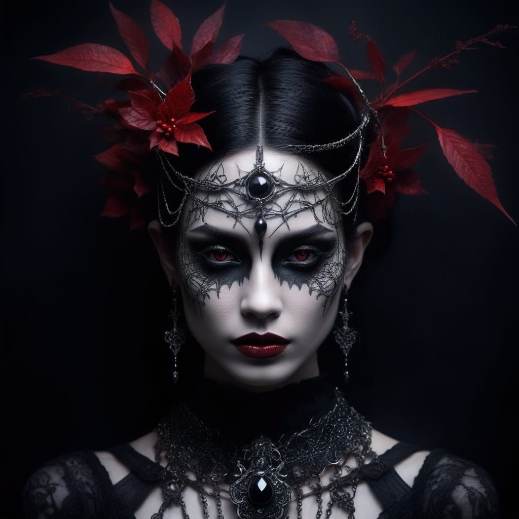 Gothic Fantasy Portrait with Red Foliage Headpiece