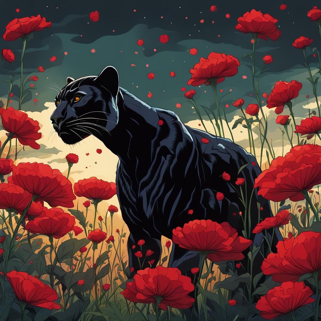 Black Panther in Field of Dark Red Flowers