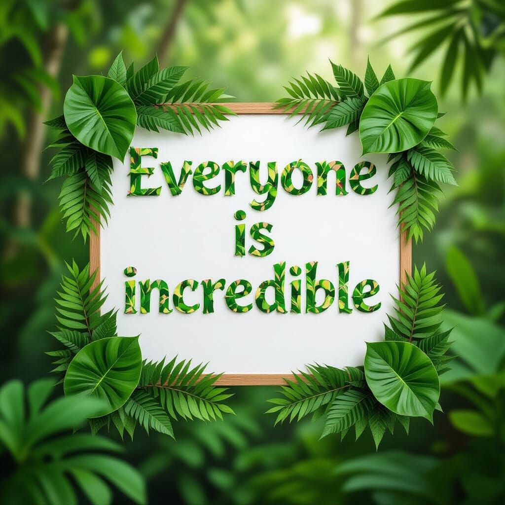 Tropical Plant Sign Reads "Everyone is Incredible" in Jungle