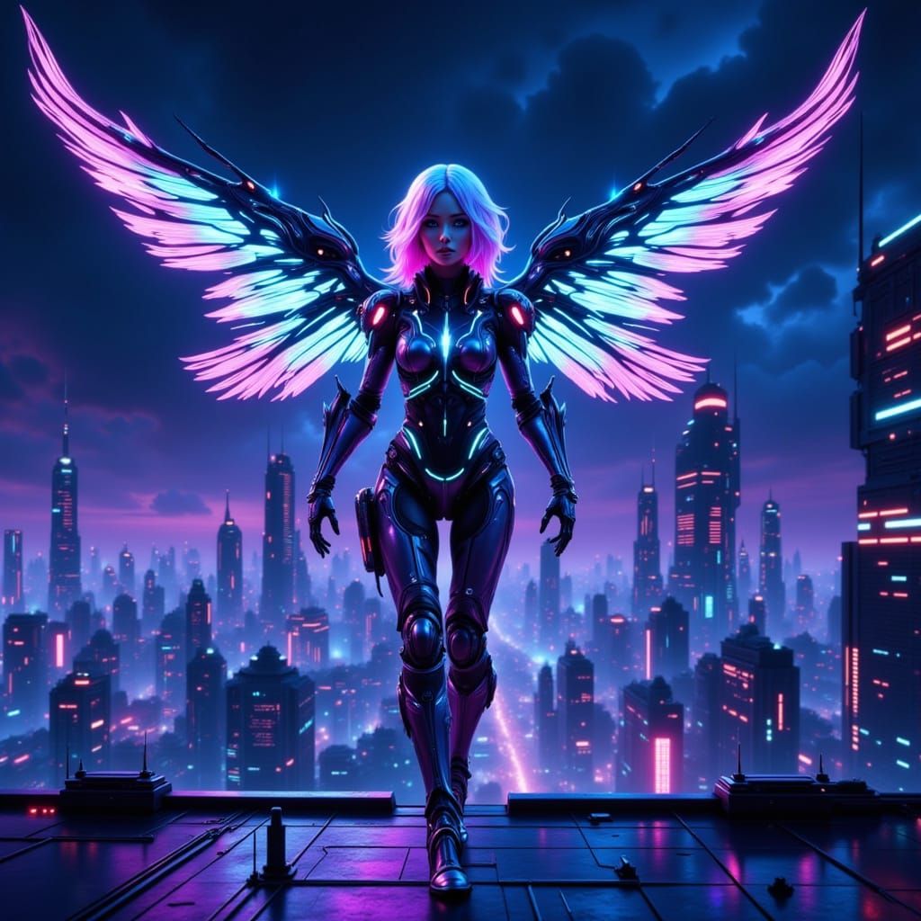 Cyberpunk Fairy Heroine on Neon Rooftop