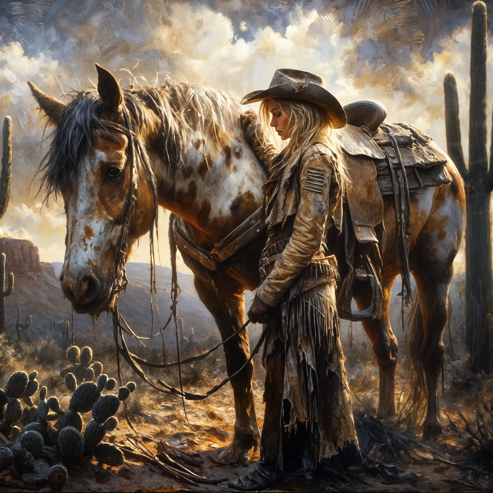 Renaissance Tenebrism Oil Painting of Cowgirl and Injured Ho...