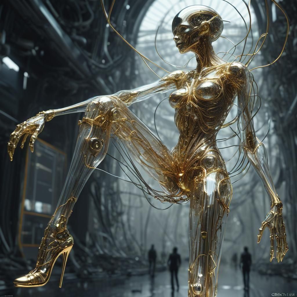 Elegant Biopunk Humanoid Made of Crystal and Gold