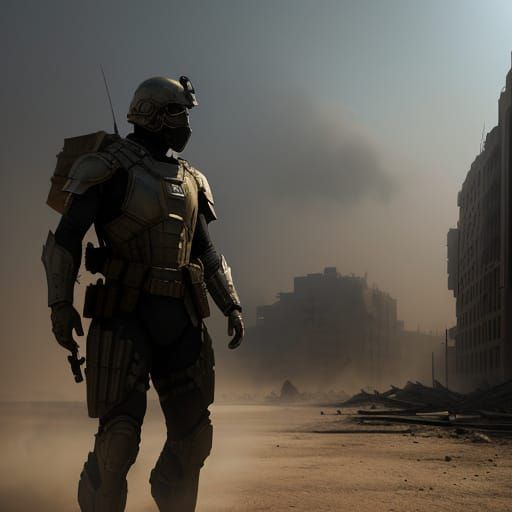 Soldier in Ruined City: Hyper-Realistic Digital Art