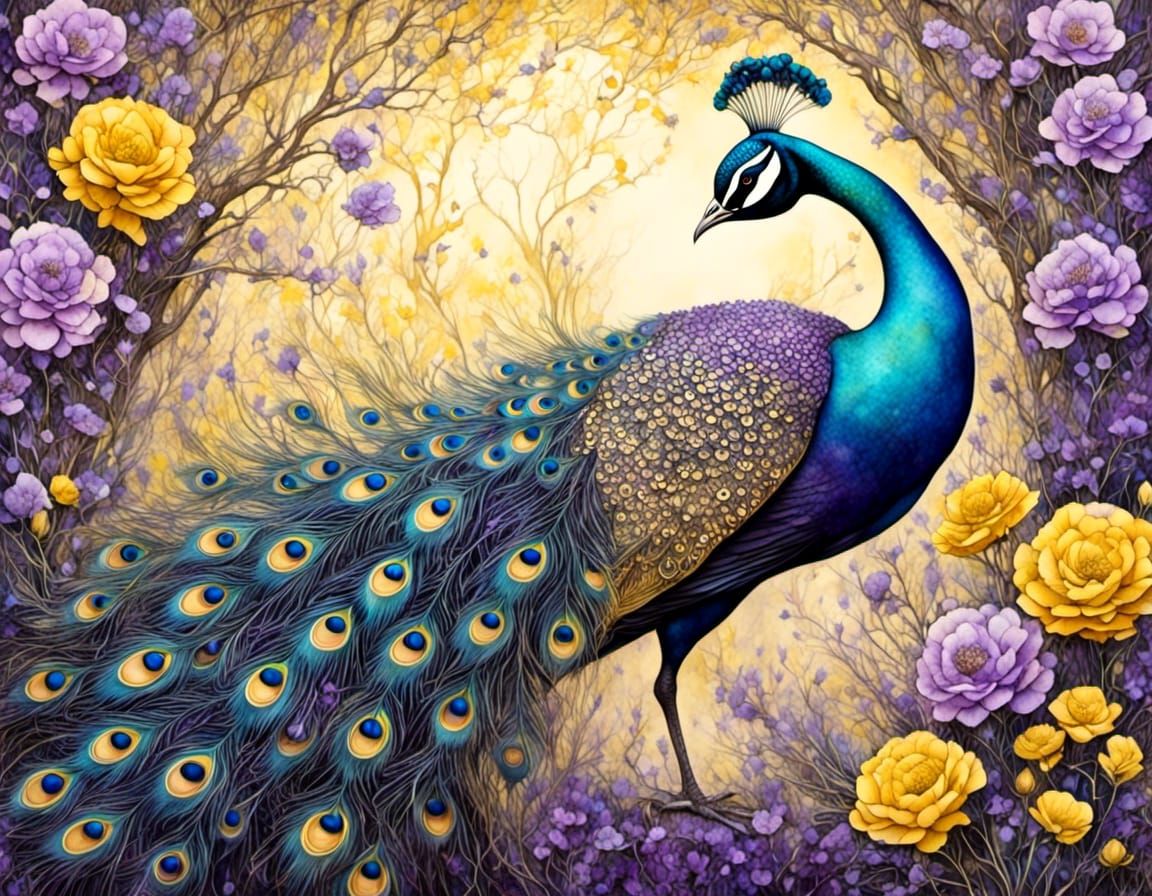 Elegant Peacock in Lush Garden with 3D Shading