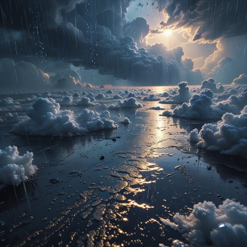 Aerial Sky with Upward Falling Raindrops in Detailed Digital...