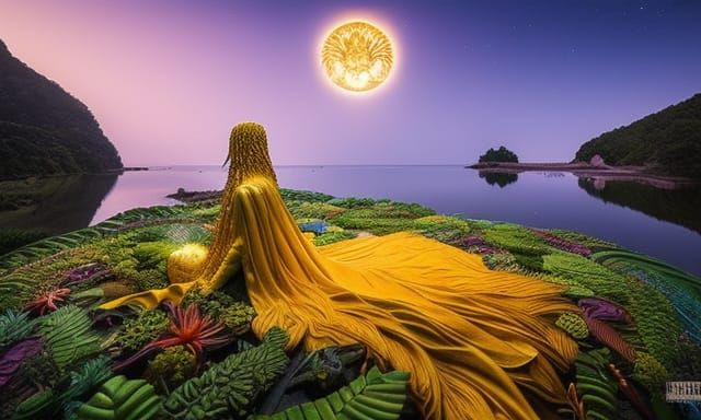 Celestial Woman in Surreal Sun and Moon Bed