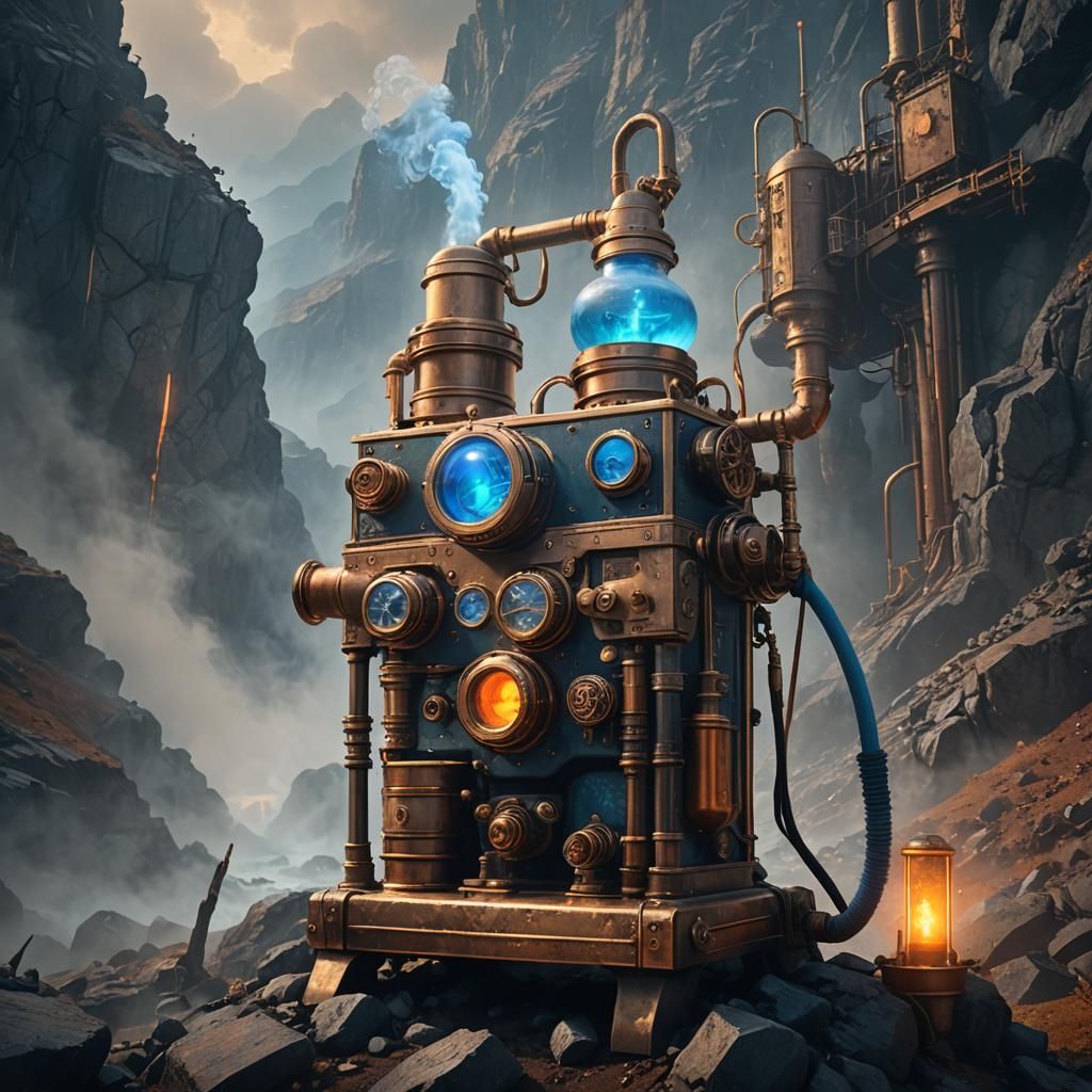 Steampunk Heater and Lifestraw in Dystopian Landscape