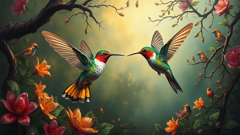 Iridescent Hummingbirds in Romantic Landscape